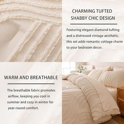 Beige Full Comforter Set - 7 Pieces Bed in a Bag, Premium Comforters Full Size Bed Set Tufted Shabby Chic Bedding Comforter Set with Flat Sheet, Fitted Sheet and Pillowcases,Beige