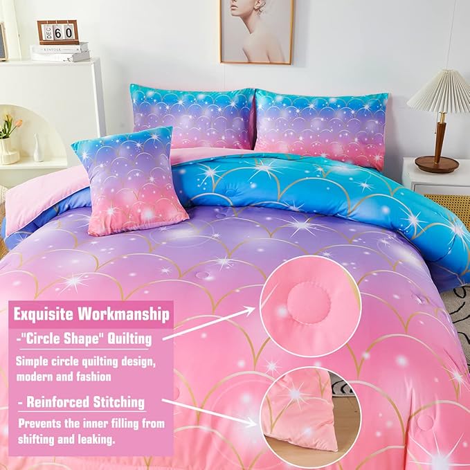 PERFEMET Queen Size Girls Comforter Set with Sheets 6 Pieces Mermaid Tail Print Kids Bedding Set Colorful Rainbow Teen Girl Bed in A Bag Pink Purple Ombre Bed Set for Girls Women