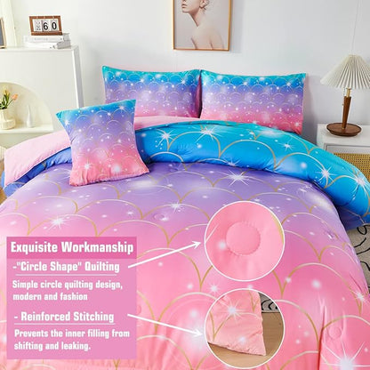 PERFEMET Queen Size Girls Comforter Set with Sheets 6 Pieces Mermaid Tail Print Kids Bedding Set Colorful Rainbow Teen Girl Bed in A Bag Pink Purple Ombre Bed Set for Girls Women