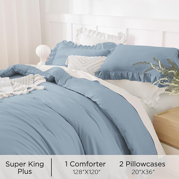 Andency Oversized King Comforter Set 128x120, 3 Pieces Grayish Blue Ruffle Shabby Chic Famhouse Bedding Set for Women, Lightweight Fluffy Super King Plus Bed Set for Girls