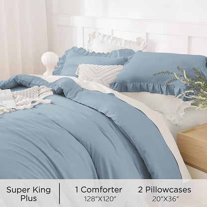 Andency Oversized King Comforter Set 128x120, 3 Pieces Grayish Blue Ruffle Shabby Chic Famhouse Bedding Set for Women, Lightweight Fluffy Super King Plus Bed Set for Girls