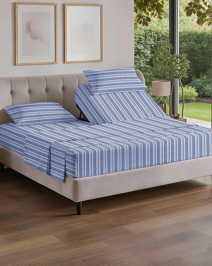 Flex Top Split Head King 4 Piece Sheet Set - Comfy Breathable & Cooling Bed Sheets Set - Hotel Luxury Bedding for Women, Men, Kids, Teens, Boys & Girls - Deep Pockets, Soft - Oeko-Tex - Blue Stripes