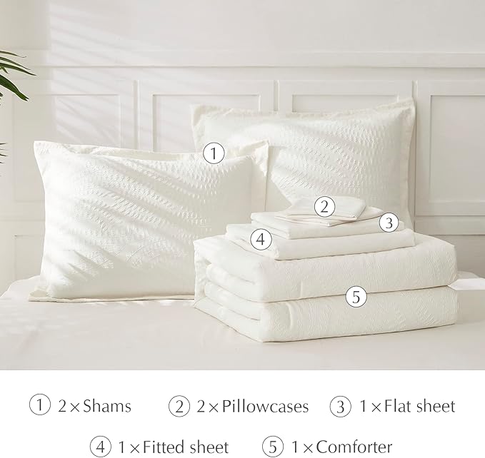 Geniospin King Size Comforter Set, Bed in a Bag Ivory White Bedding Sets 7-Pieces, Botanical Pattern, All Season Bedding with Comforter, Sheets,Pillowcase & Shams(King,102"x90")
