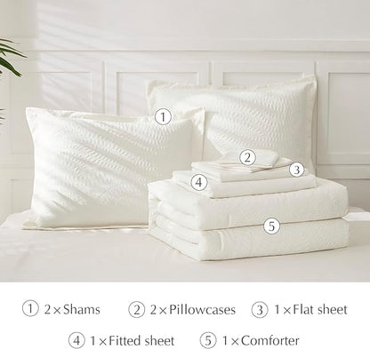 Geniospin King Size Comforter Set, Bed in a Bag Ivory White Bedding Sets 7-Pieces, Botanical Pattern, All Season Bedding with Comforter, Sheets,Pillowcase & Shams(King,102"x90")