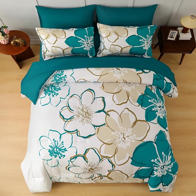 Anibedding 7Pieces Teal Grey Floral Comforter Set King Size, Soft Microfiber Grey Blue Bed in a Bag Comforter Set with Sheets for All Season