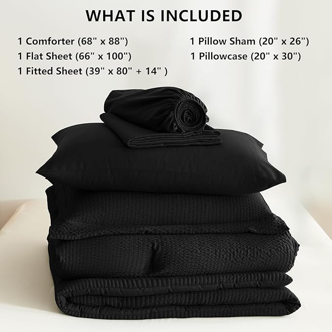 CozyLux Twin XL Comforter Set Black - 5 Pieces Striped Seersucker Twin Extra Long Bed in a Bag for College Dorm, Soft Lightweight Boho Bedding Set with All Season Comforter, Sheets, Pillowcase & Sham