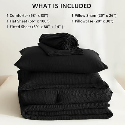 CozyLux Twin XL Comforter Set Black - 5 Pieces Striped Seersucker Twin Extra Long Bed in a Bag for College Dorm, Soft Lightweight Boho Bedding Set with All Season Comforter, Sheets, Pillowcase & Sham