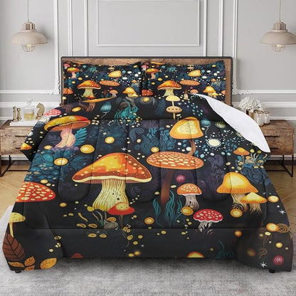 Mushroom Comforter Set for Kids Teens Adults King, Orange Green Plant Bedding Sets Water Washed Microfiber Bedding with 1 Comforter 2 Pillowcases All Season