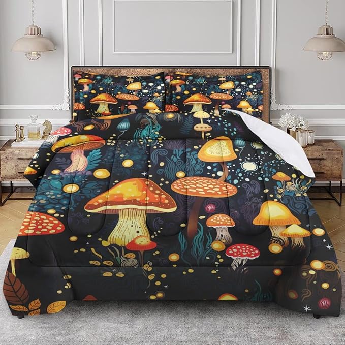 Mushroom Comforter Set for Kids Teens Adults Twin, Orange Green Plant Bedding Sets Water Washed Microfiber Bedding with 1 Comforter 1 Pillowcase All Season