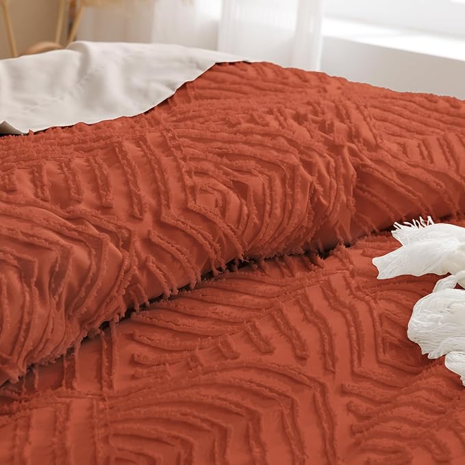 Andency Full Size Comforter Sets Burnt Orange, Boho Lightweight Full Bed Set, Terracotta Fluffy Bedding Set & Collections, 3 Pieces Rust Tufted Design (79x90Inches, 1 Comforter and 2 Pillow Shams)