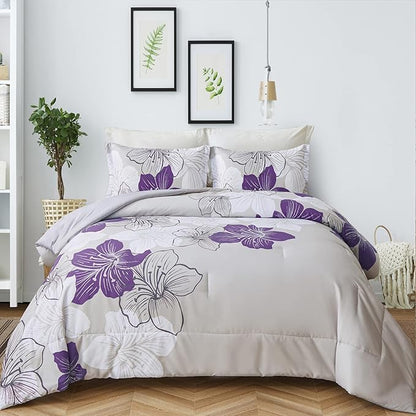 Menghomeus Queen Comforter Set Purple Floral Pattern Printed on Grey, Soft Microfiber Bedding Set Lightweight Bed Comforter Set for All Season (1 Comforter, 2 Pillowcases)