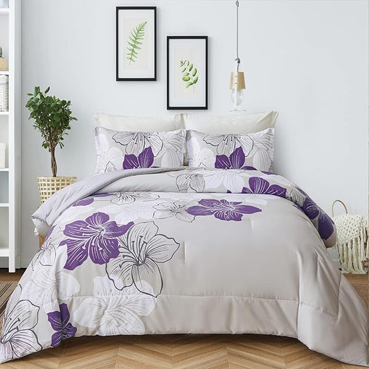 Menghomeus Floral Comforter Set King Purple Floral Pattern Printed on Grey, Soft Microfiber Bedding Set Lightweight Bed Set for All Season (1 Comforter, 2 Pillowcases)