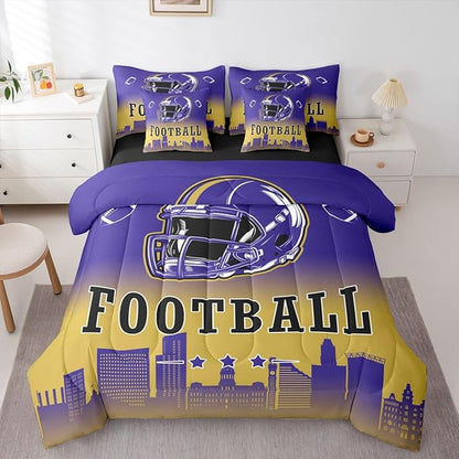 Erosebridal Kids Football Bed in A Bag Queen American Soccer City 7 Pcs Bedding Set for Boys Girls,Sports Rugby Navy Blue Comforter Set with Sheets Chic City Silhouette Ball Games Bed Set