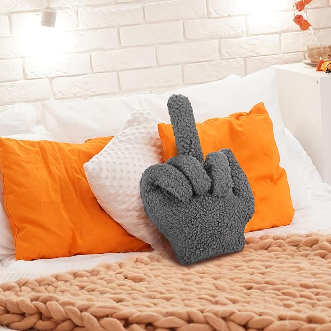 Menkxi Small Middle Finger Decorative Pillow 13.78 x 9.84 in Funny Shaped Sherpa Fleece Throw Pillow Warm Soft Emoticon Cushion Middle Finger Decor for Couch Gag Gift(Dark Grey)