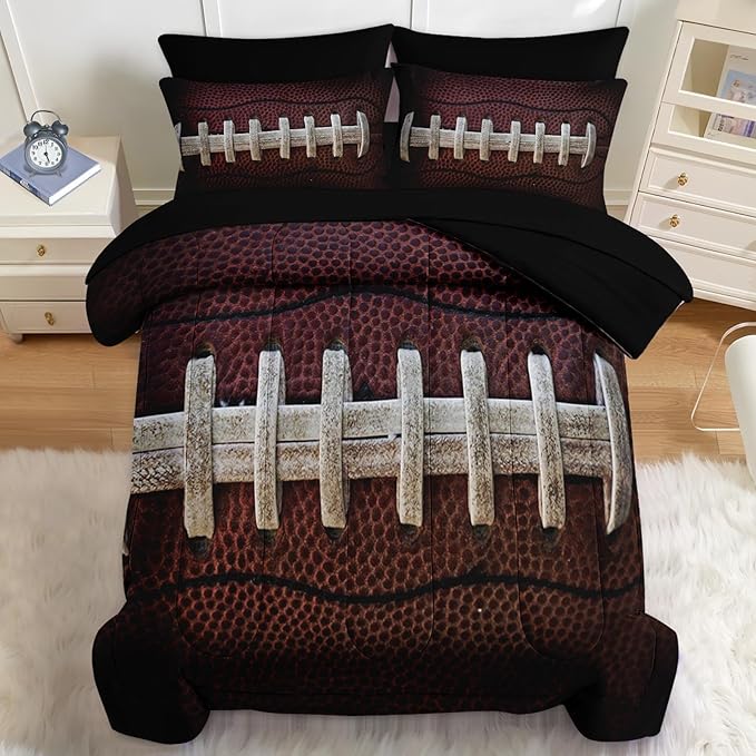 Nesker 7 Pcs Comforter Set Queen Size, Sports Ball Bedding Set for Kids and Adults, Boy Rugby Brown Sheets Bed Sheet Sets with Fitted Sheet 2 Pillowcases & 2 Shams