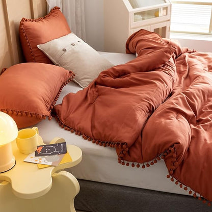 YIRDDEO Full Size Comforter Sets - Full Size Comforter with Ball Pom Fringe, Soft Bedding Set for All Seasons - 3 Pieces, 1 Comforter (79"x90") & 2 Pillow Shams(20"x26"), Terracotta
