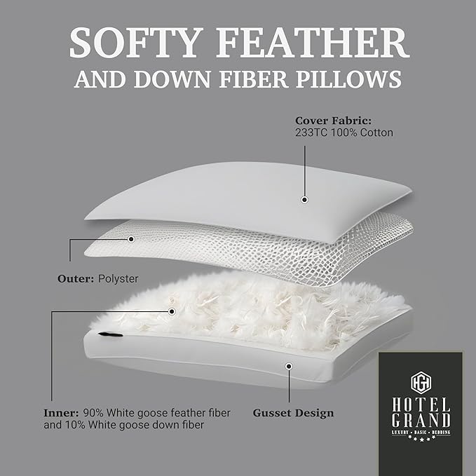 Hotel Grand Goose Feather Down Fiber Pillows Queen Size Set of 2, 100% Cotton Cover, Medium Firm, Hotel Collection 2Inch Gusseted Bed Pillows for Back, Stomach or Side Sleepers, 18"x26", White