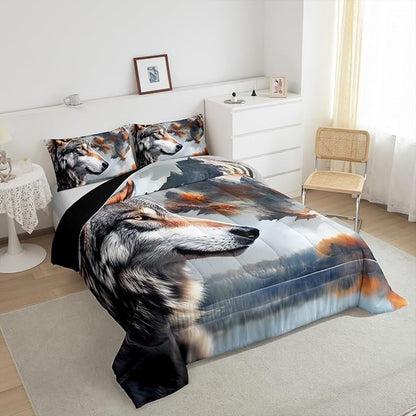Erosebridal Hunting Wolf Toddler Bedding Set,Wild Animal Safari Comforter Set for Kids Boys Girls Room Decor,Rustic Mountain Theme Bed Set Exotic Ethnic Bedding Comforter Sets,1 Pillowcase