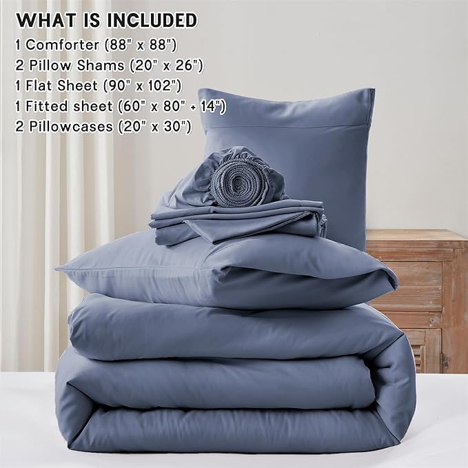 Anluoer Grayish Blue Queen Comforter Set 7 Pieces, Bed in a Bag with Sheets, All Season Bedding Sets with 1 Comforter, 2 Pillow Shams, 2 Pillowcases, 1 Flat Sheet, 1 Fitted Sheet