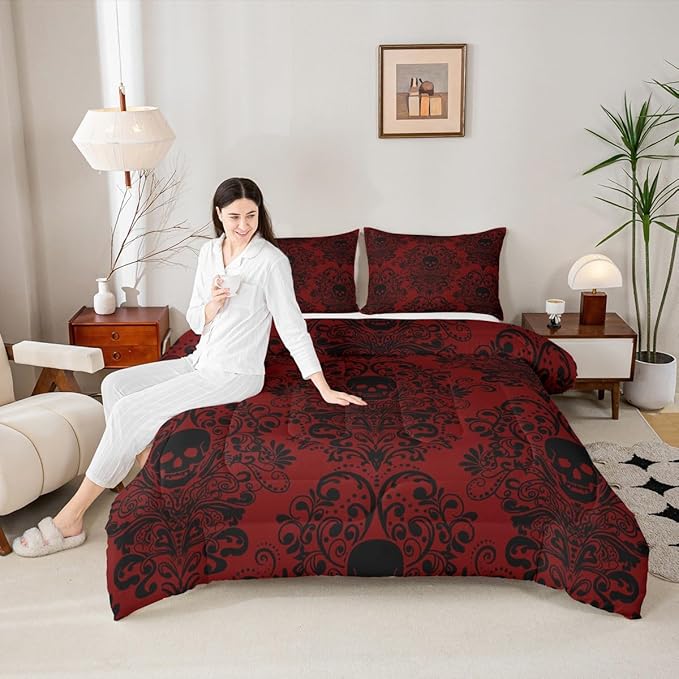 Feelyou Adults Gothic Skull Bedding Set Queen Size Kids Damask Print Comforter Goth Bohemian Duvet Breathable Soft Lightweight Microfiber Black Red Room Decor with 2 Pillowcases