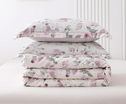 SLEEPBELLA Comforter King Size, 600 Thread Count Cotton White Print with Purple Flowers Reversible Comforter Sets, Down Alternative Bedding Set 3Pcs(King, Purple Floral)