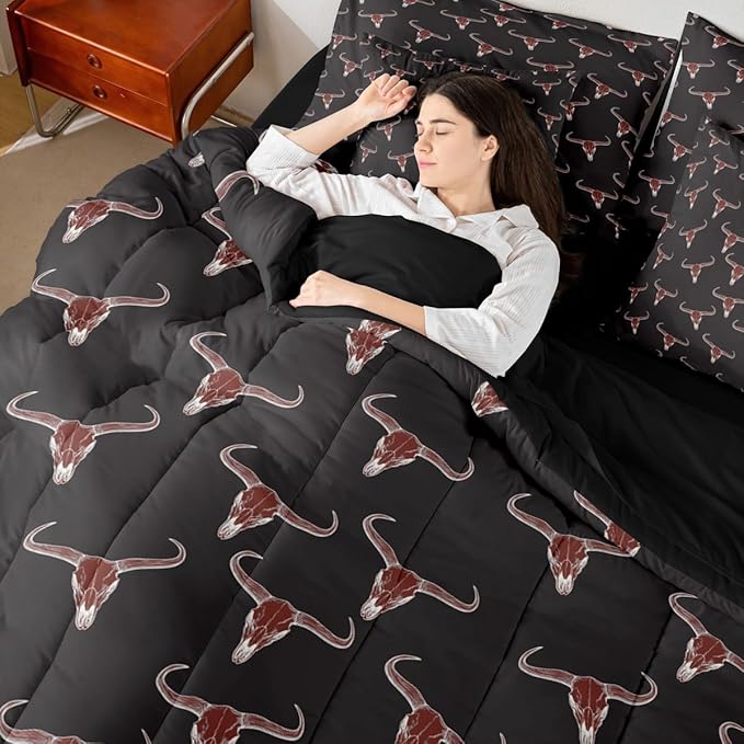 Erosebridal Bull Skull 7 Piece Comforter Set King Ethnic Bohemian Bedding for Men Boys | Tribal Steer Skull Wildlife Aztec Bedroom Decor Farmhouse Cabin Lodge Sheet Set with Comforter,Black Red