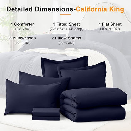 California King Comforter Set 7 Pieces - Ultra-Soft Bed in a Bag, Cozy Luxury All Season Bedding Sets with Comforter, Flat Sheet, Fitted Sheet, 2 Pillow Shams & 2 Pillowcases, Navy Blue