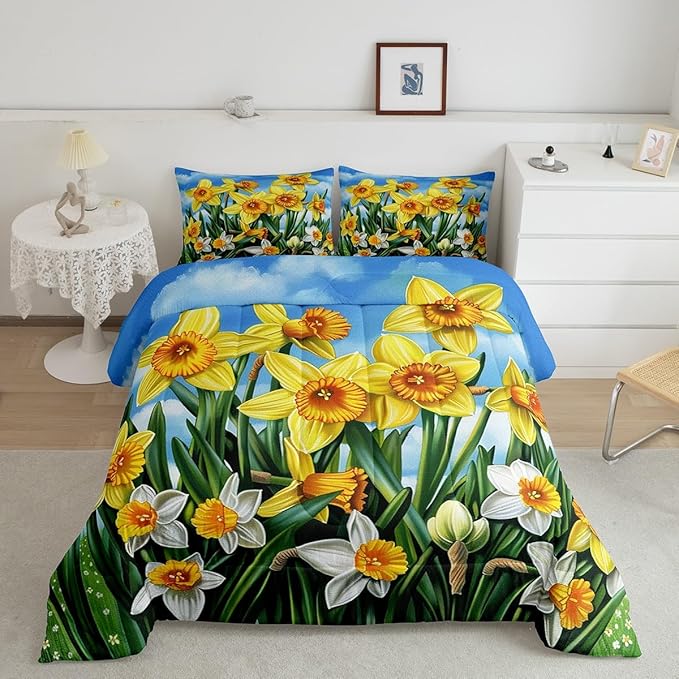 Erosebridal Rustic Flowers Bedding Set for Girls Women,Blossom Daffodil Floral Bedding Comforter Sets Queen Country Farmhouse Comforter Set,Pastoral Green Leaf Quilt Duvet Spring Home Decor