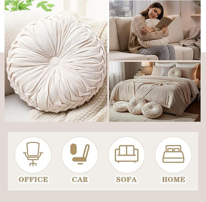 Round Throw Pillows Decorative Pleated Throw Pillows 15'' Diameter Accent Pumpkin Boho Chair Cushion for Couch Sofa Home Decoration(Velvet,Beige,1 Pcs)