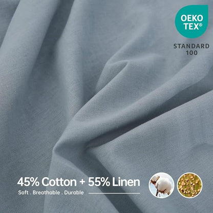 Simple&Opulence Belgian Linen Sheet Set Solid Color - 4 Pieces (1 Flat Sheet, 1 Fitted Sheet & 2 Pillowcases) Natural Flax Cotton Blend Soft Breathable Farmhouse Bedding - Full Size, Dusty Blue