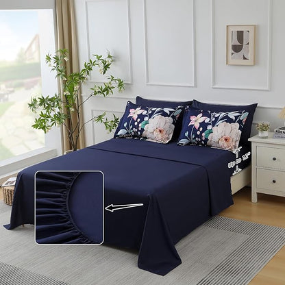 Drucon Navy Blue Comforter Set King Size - 7 Pieces Floral Bedding Sets, Soft Botanical Flowers Comforter Bed in a Bag with Sheets, Pillowcases & Shams