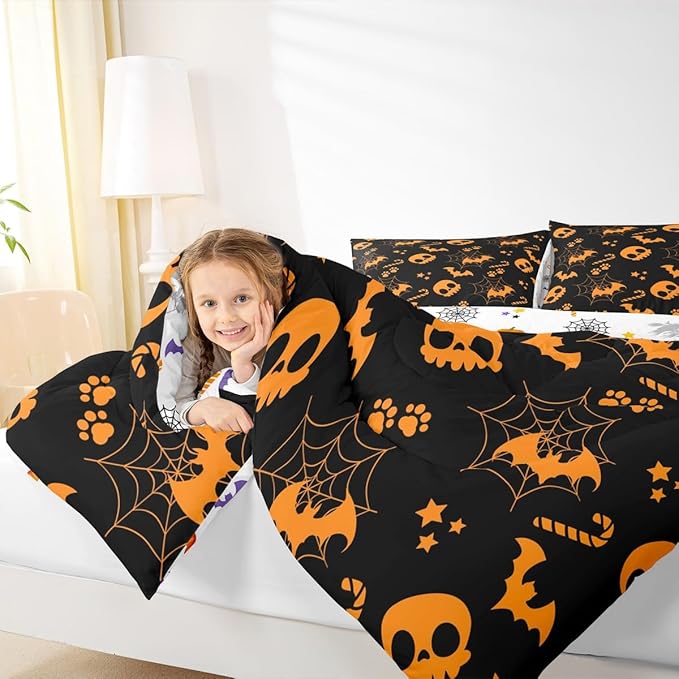 Erosebridal Cute Orange Halloween Toddler Comforter Spider Web Skull Bat Bedding Set Spooky Goth Gothic Animal Duvet Insert Horror Halloween Bed Sets for Kids Teens Adults