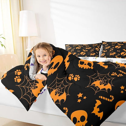 Erosebridal Cute Orange Halloween Queen Comforter Set Spider Web Skull Bat Bedding Set Spooky Goth Gothic Animal Bed Set Horror Halloween Quilt Set for Kids Teens Adults