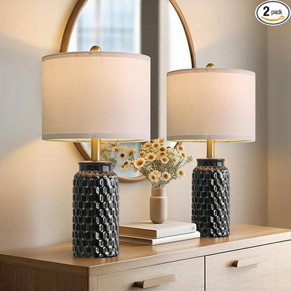 20.5" Black Modern Ceramic Bedside Lamp Set of 2 for Bedroom Decor Farmhouse Table Lamp for Living Room Office Dorm