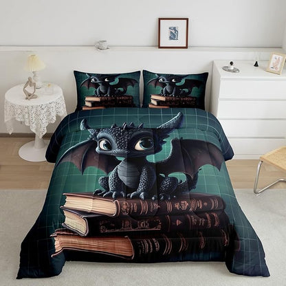 Manfei Kawaii Dragon Bedding Comforter Sets Toddler,Cute Little Dragon Reading Books Bedding Set for Bedroom Decoration,Green Grids Geometric Checker with 1 Comforter and 1 Pillow Case Bedroom Decor