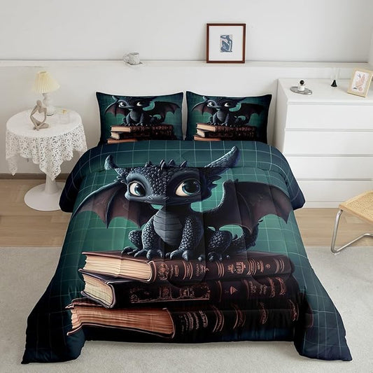 Manfei Kawaii Dragon Bedding Comforter Sets Queen,Cute Little Dragon Reading Books Bedding Set for Bedroom Decoration,Green Grids Geometric Checker with 1 Comforter and 2 Pillow Cases Bedroom Decor