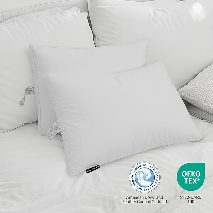 Hotel Grand Goose Feather Down Fiber Pillows King Size Set of 2, 100% Cotton Cover, Medium Firm, Hotel Collection 2Inch Gusseted Bed Pillows for Back, Stomach or Side Sleepers, 18"x34", White