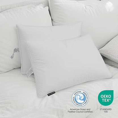 Hotel Grand Goose Feather Down Fiber Pillows King Size Set of 2, 100% Cotton Cover, Medium Firm, Hotel Collection 2Inch Gusseted Bed Pillows for Back, Stomach or Side Sleepers, 18"x34", White