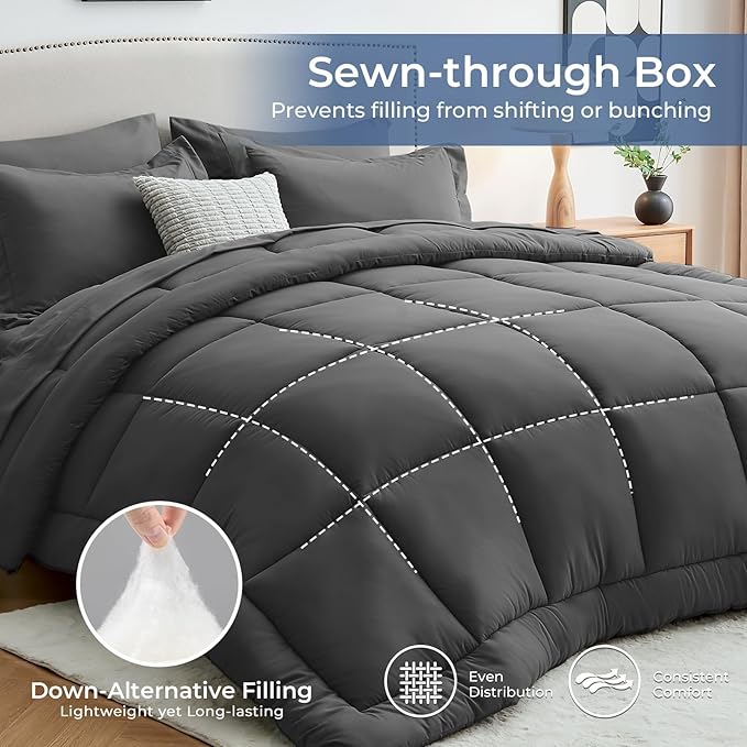 Sasttie Twin XL Comforter Set, 5 Pieces Twin XL Bed in a Bag, Complete Bedding Set Includes Grey Comforter, Flat Sheet, Fitted Sheet, Pillowcase and Pillow Sham, Dark Grey