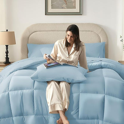 SunStyle Home Light Blue Full/Queen Comforter Set - 7 Pieces Bed in a Bag, Lightweight Goose Down Alternative Bedding Sets with All Season Comforter, 1 Flat Sheet, 1 Fitted Sheet, 4 Pillowcases