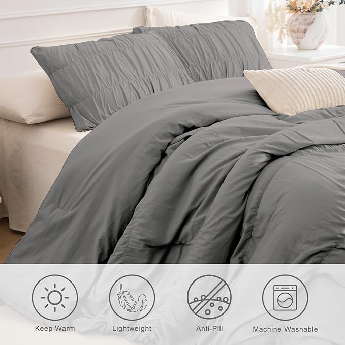 Masaca Grey Oversized King Comforter 120x120,Ruched Ruffle California King Comforter Oversized,Vintage Rustic Gray Shabby Farmhouse Boho Bedding Comforter for All Season