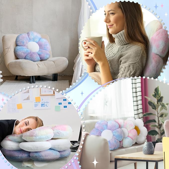 Sratte 3 Pcs Flower Pillows Flower Shaped Throw Pillows Cute Daisy Plush Pillow Decorative Floor Pillow Seat Cushion for Bedroom Home Sofa Chair Couch Decor(Dazzling Color,White,16")