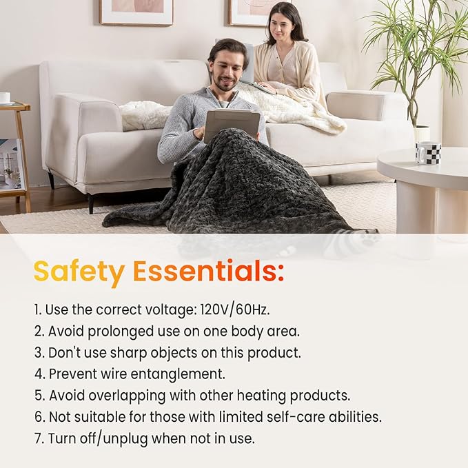 WOOMER Heated Blanket Throw 50" x 60", Electric Blanket with a Control, 4 Heating Levels & 4H Auto Off, ETL Certified, Dark Grey Roses Patterns Faux Fur & Sherpa, Machine Washable
