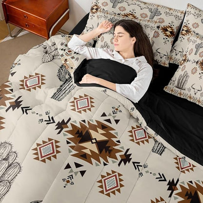 Erosebridal Western Aztec Bedding Set King Rustic Country Southwestern Comforter Set 7 Piece Boho Tribal Geometric Ethnic Bull Skull Bed in A Bag Vintage Native American Quilt with Flat Fitted Sheet