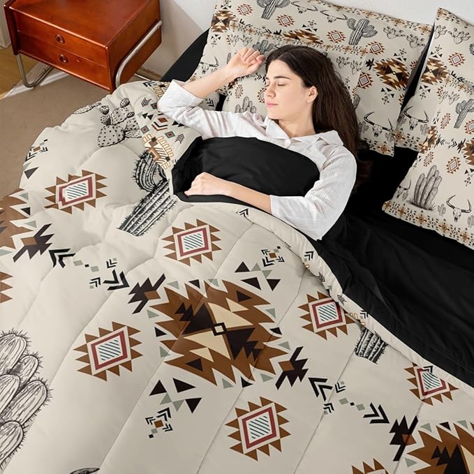 Erosebridal Western Aztec Bedding Set Full Rustic Country Southwestern Comforter Set 7 Piece Boho Tribal Geometric Ethnic Bed in A Bag for Men Vintage Cactus Bull Skull Quilt with Flat Fitted Sheet