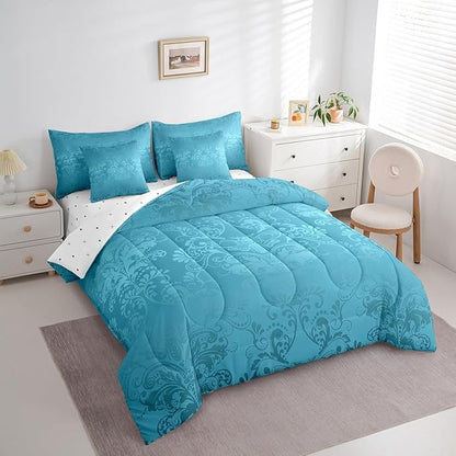 Erosebridal Gothic Damask Comforter Set 7 Piece Bed in a Bag Twin,Exotic Moth Bedding Sets Teal Victorian Floral Goth Sheet Set with Comforter