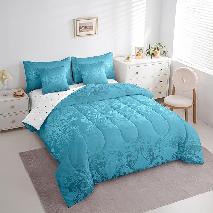 Erosebridal Gothic Damask Bed in a Bag King Size Comforter Set 7 Pieces,Exotic Moth Bedding Sets Teal Victorian Floral Goth Sheet Set with Comforter