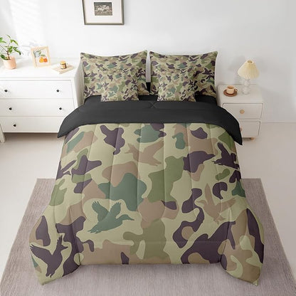 Erosebridal Camo 7 Piece Comforter Set Queen Size Army Green Bedding for Kids Farmhouse Camouflage Hunting Bed in A Bag Sheet Set Vintage Brown Room Decor Wild Duck Rustic Animal Bed Set