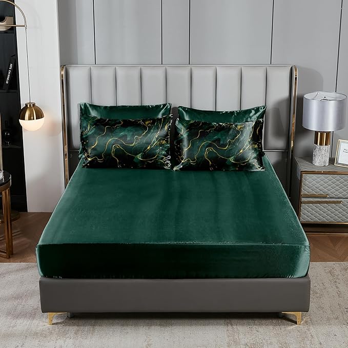 Green Marble Comforter Sets King Silky Satin Bedding Emerald Green Gold Marble Stone Texture Silk Like Abstract Bed in A Bag with Comforter and Sheet Set