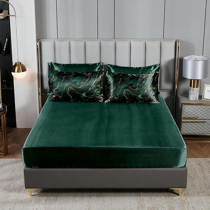Green Marble Comforter Sets Queen Silky Satin Bedding Emerald Green Gold Marble Stone Texture Silk Like Abstract Bed in A Bag with Comforter and Sheet Set